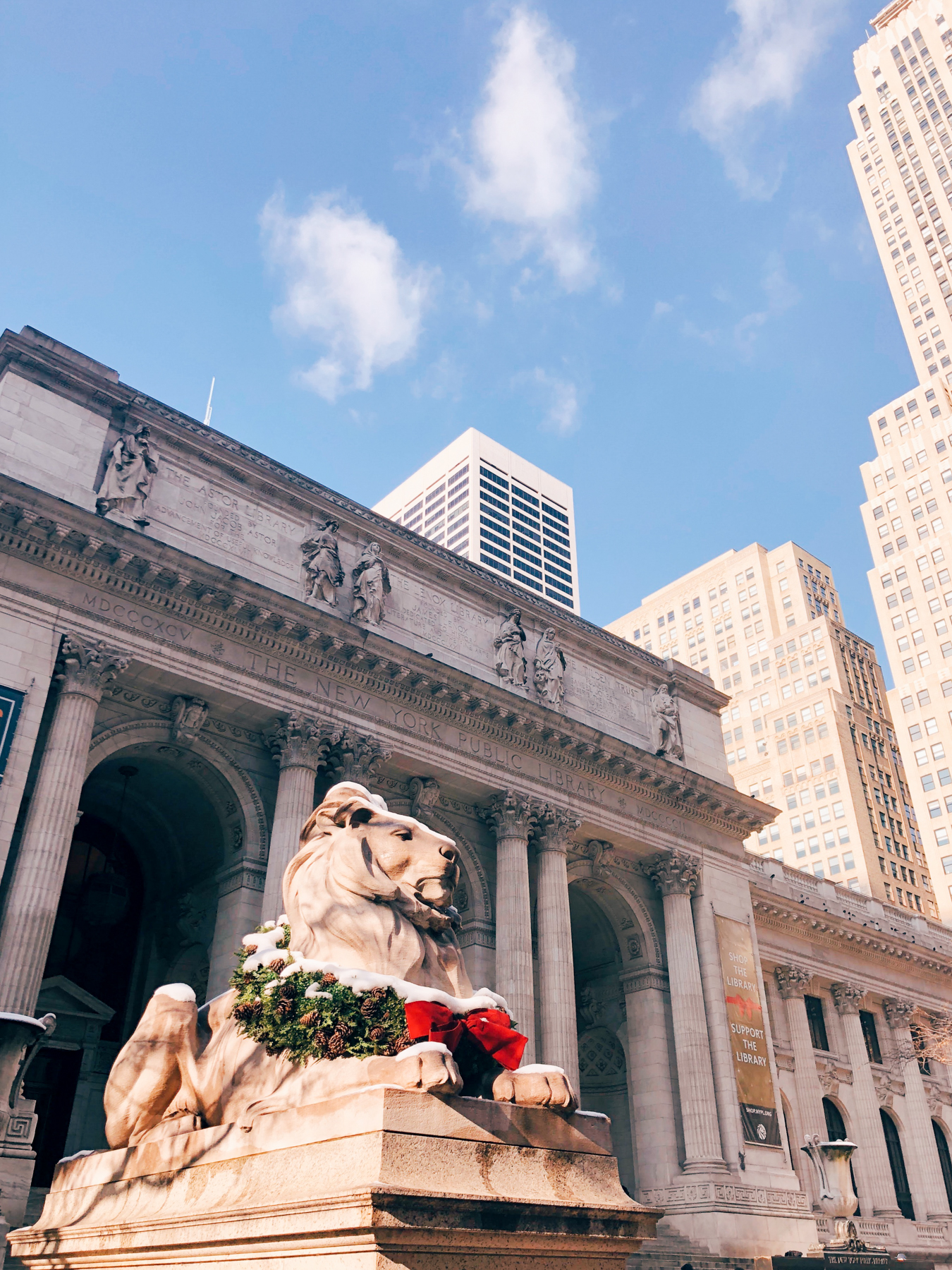 The famous lion statue outside of New York Public Library